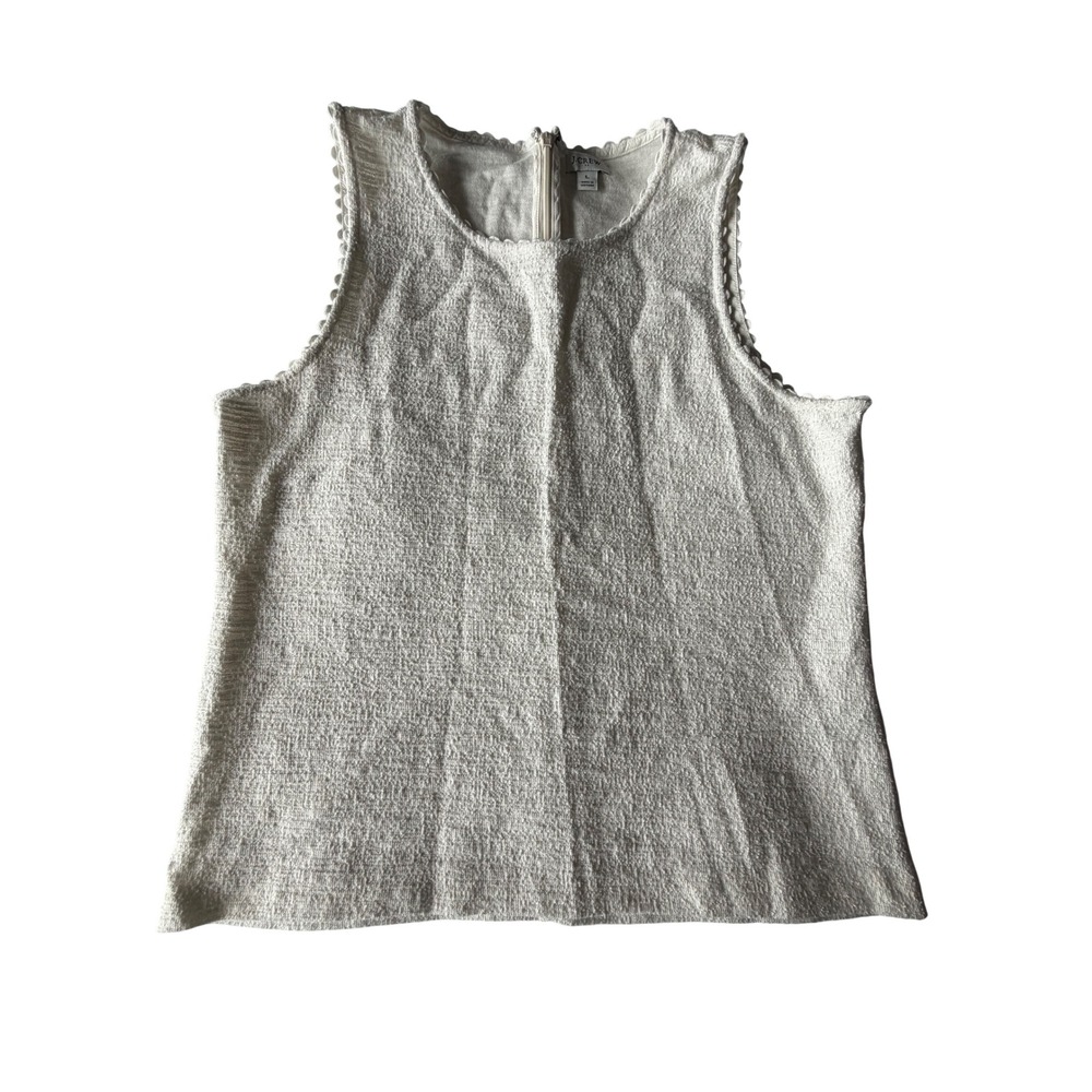 J. Crew Ivory Boucle Tweed Sleeveless Shell Top Scallop Trim White Size L